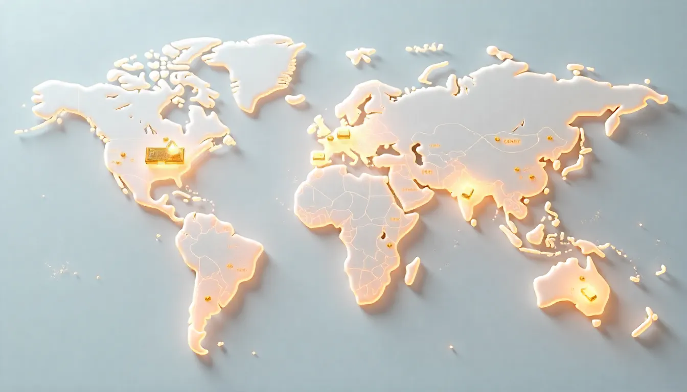 A glowing world map with illuminated outlines and locations, highlighting regions in North America, Europe, and Asia.