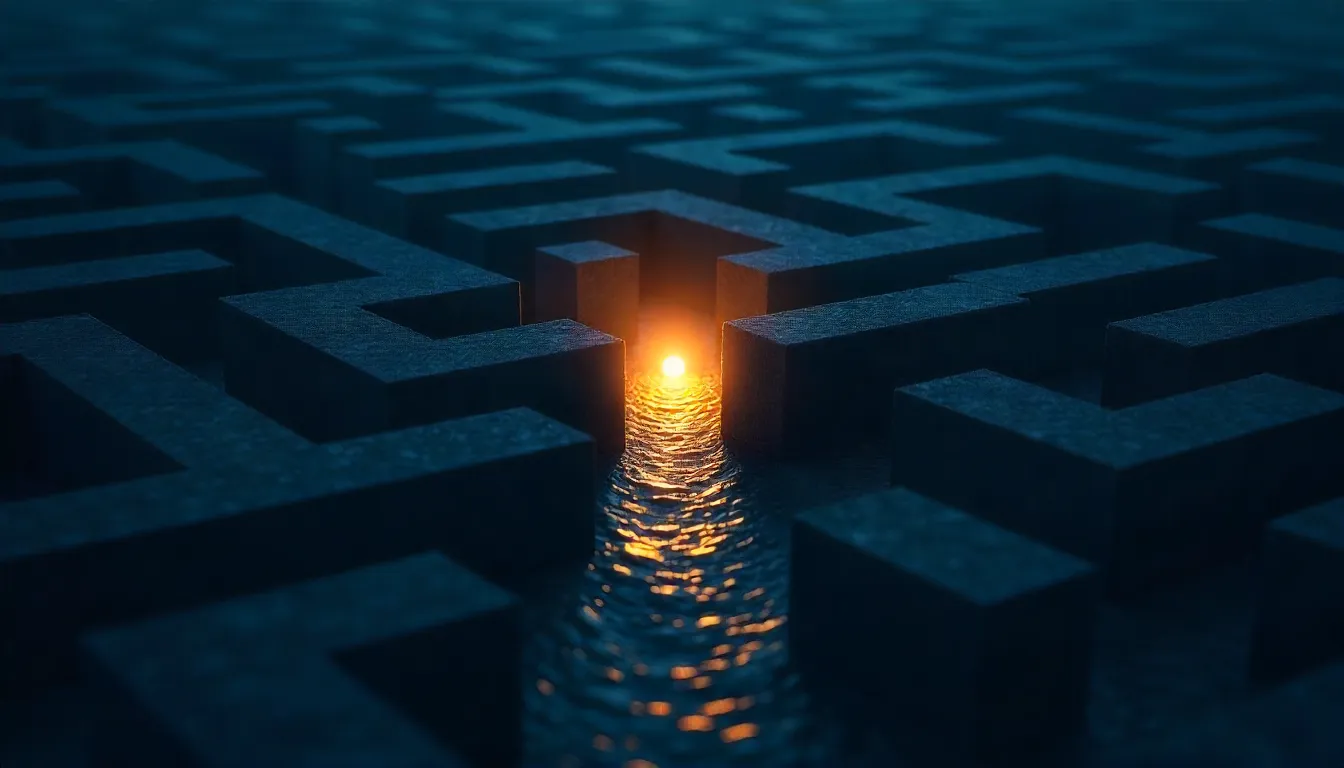 A glowing orange light shines at the center of a dark, intricate maze, casting reflections on water. The scene conveys mystery and hope.