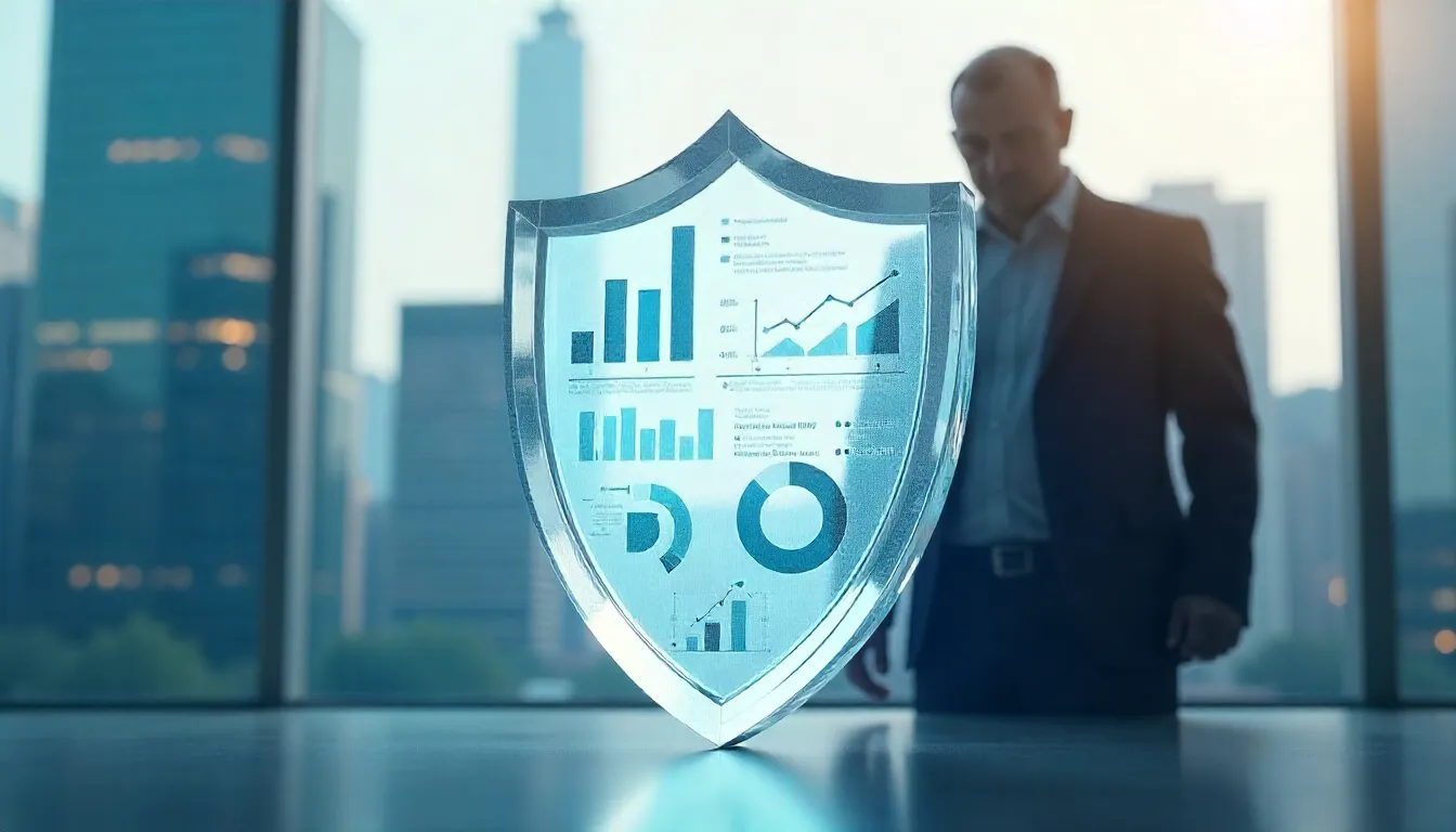 A translucent shield with business charts, including bar and pie graphs, stands on a table. A blurred silhouette of a person in a suit is in the background.
