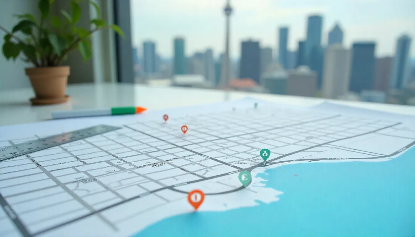 A city map with colorful location markers is placed on a table by a window. A potted plant and pen sit nearby, with a blurred urban skyline in the background, creating a planning ambiance.