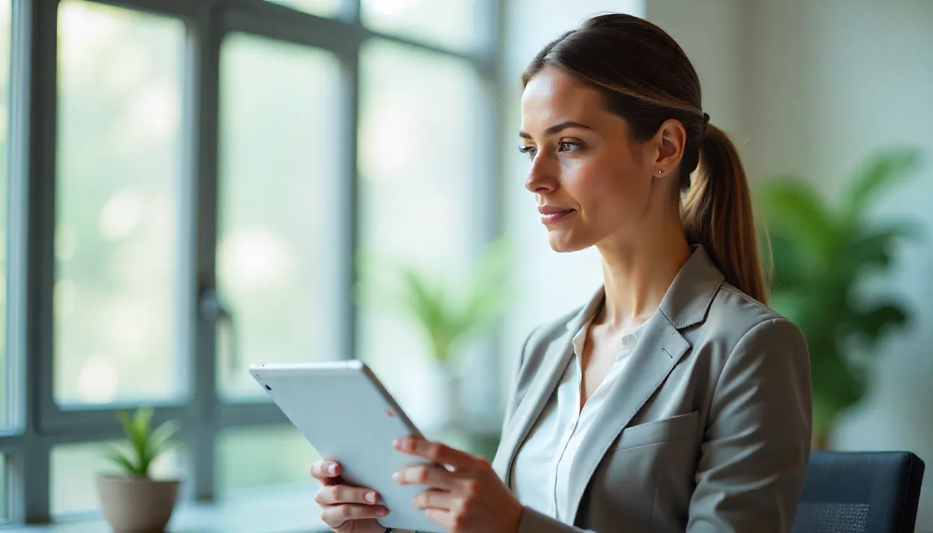 A woman in a gray blazer sits indoors, holding a tablet and looking ahead