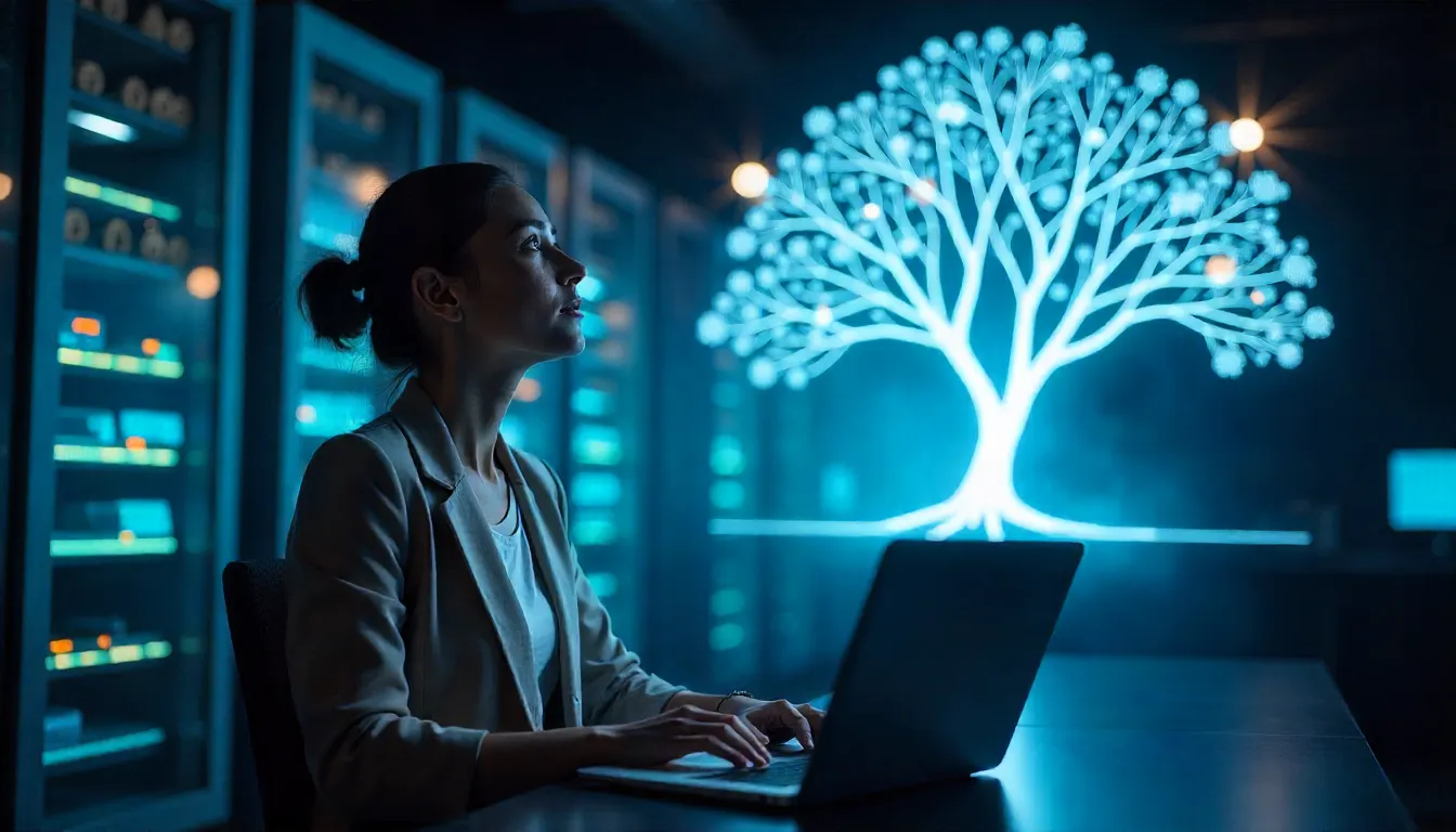 A woman in a blazer works on a laptop in a dimly lit room with server racks. A glowing digital tree symbolizing data growth is projected behind her.
